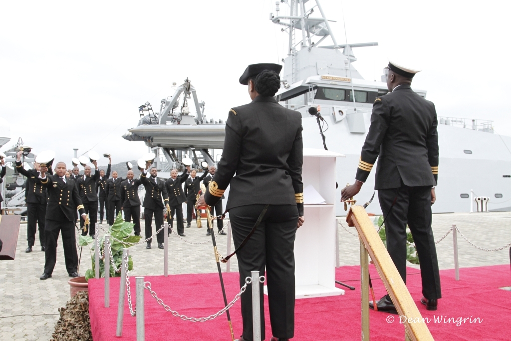 deanwingrin's tweet photo. This morning, the SA Navy held a Change of Command Parade for SAS King Sekhukhune I, the first of three new multi-mission inshore patrol vessels. Cdr Lelethu Bixa took over command from Cdr Jabulani Mashamba, the vessels first OC. 
Wishing Cdr Bixa fair winds and following seas! https://t.co/jKJh7bPUf7