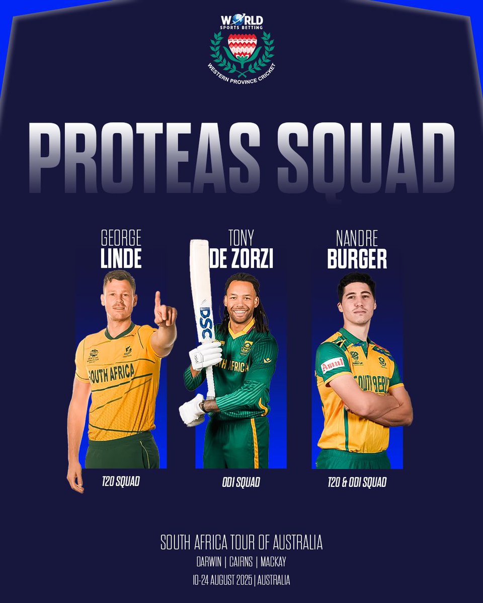 WP_Blitz's tweet image. Congratulations to our Boys In Blue Tony de Zorzi, Nandre Burger, and George Linde after being included in the @ProteasMenCSA full-strength squads for the upcoming white-ball tour against Australia, scheduled to take place next month.
Proteas will play in the three-match T20…