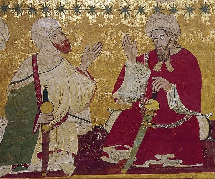 Jakeesposito22's tweet image. The Moors were NOT black! Some were Arabs &amp;amp; the others were White (Possibly descendants of the Vandals) The ruling class Moors were called Beydanes (White Moors) &amp;amp; the slaves were called Haratines (black Moors) This painting from “The Hall of Kings” depicts two Moorish Sultans.