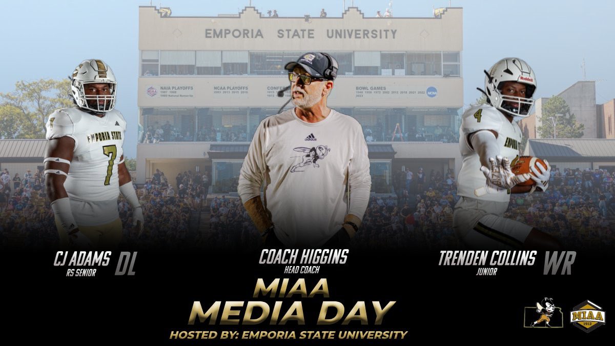 <a href="/TheMIAA/">The MIAA</a> Media Day is coming to Emporia 🏈

🗓️ July 28th
📍 Emporia State University (Skyline Room)

Hornets will take the stage at 11:15 AM. 

Tune in and listen to <a href="/CoachGHiggins/">Coach Higgins</a> &amp; CJ Adams / Trenden Collins talk about the upcoming season. 

#W.I.N🐝