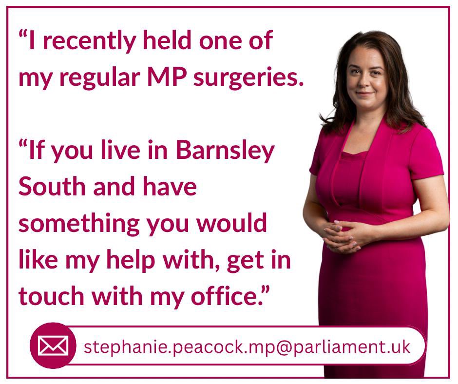 Stephanie Peacock MP (@steph_peacock) on Twitter photo This week I have held my local MP surgeries.
If you live in Barnsley South and have something you would like my support with, get in contact with my office at Stephanie.peacock.mp@parliament.uk. This week I have held my local MP surgeries.
If you live in Barnsley South and have something you would like my support with, get in contact with my office at Stephanie.peacock.mp@parliament.uk.
