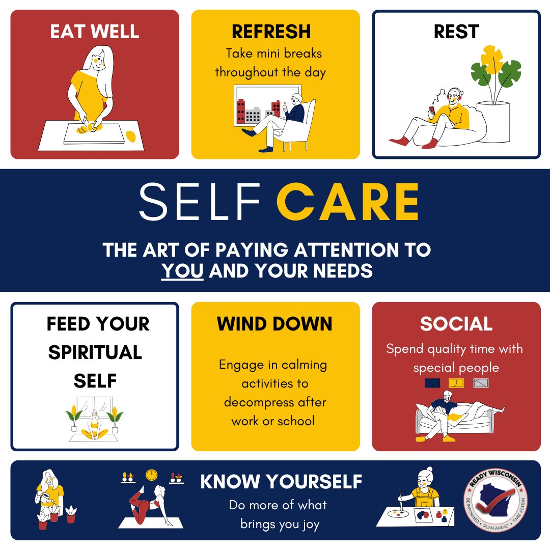 ReadyWisconsin's tweet image. It's hard to think about preparedness and planning for the future when you're personally struggling. Take some time on International Self Care Day to focus on yourself, so you're ready to think about what's next.
#ReadyWI