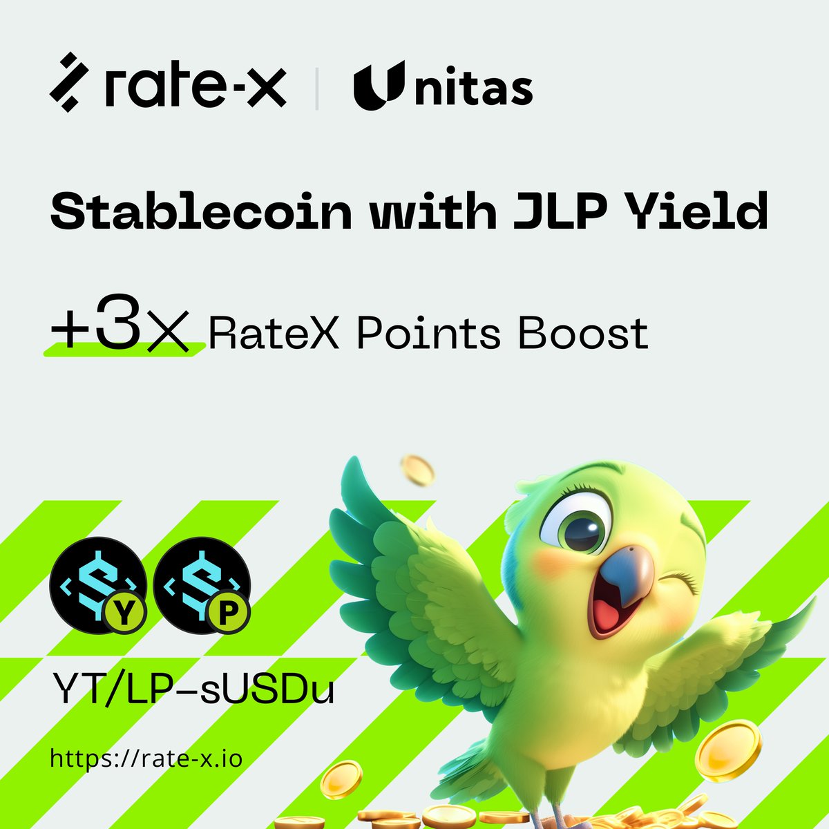 RateX (@ratex_dex) on Twitter photo RateX just listed sUSDu, a new auto-compounding yield-bearing stablecoin by <a href="/UnitasLabs/">Unitas Labs</a> .
Backed by crypto and RWAs, sUSDu lets you earn real yield while staying stable. No need to choose between safety and returns.
Start farming real yield today
👉 app.rate-x.io/market/sUSDu-2… RateX just listed sUSDu, a new auto-compounding yield-bearing stablecoin by <a href="/UnitasLabs/">Unitas Labs</a> .
Backed by crypto and RWAs, sUSDu lets you earn real yield while staying stable. No need to choose between safety and returns.
Start farming real yield today
👉 app.rate-x.io/market/sUSDu-2…
