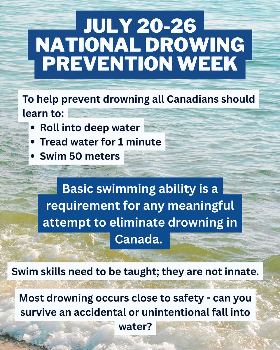🌊 National Drowning Prevention Week | July 20–26

To prevent drowning, all Canadians should learn to:
✅ Roll into deep water
✅ Tread water 1 min
✅ Swim 50m

Most drownings happen near safety—are you prepared?

#NDPW2025 #DrowningIsPreventable #WaterSafety