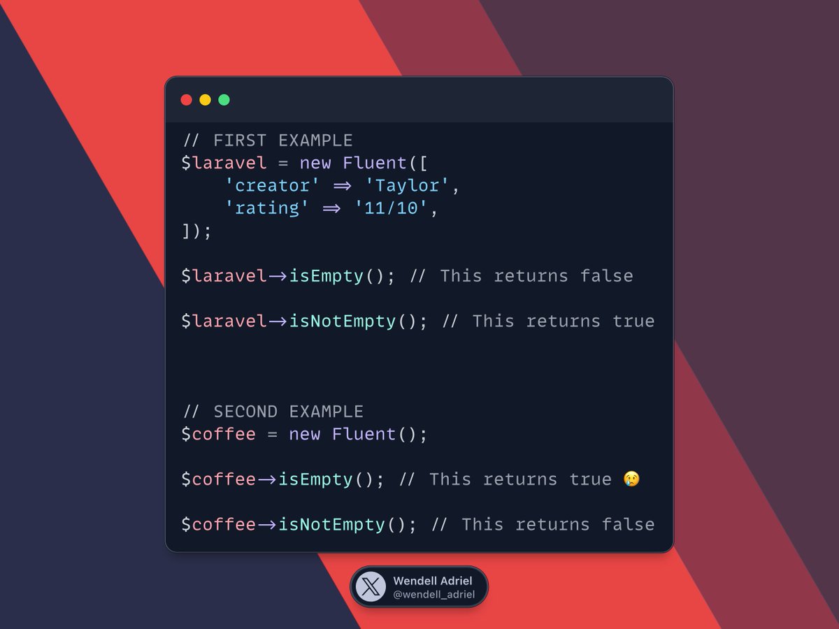 wendell_adriel's tweet image. Laravel Tip 🚀
In the new version: 12.21, which was released this week, we can now check if Fluent objects are empty or not with the handy isEmpty and isNotEmpty methods.