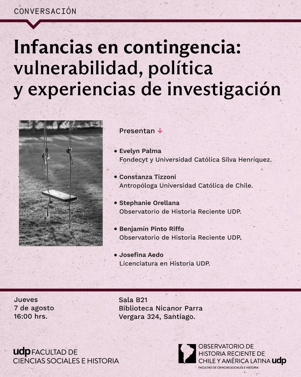 icsoUDP's tweet image. 📢 #AgendaFCSH | El Observatorio de Historia UDP invita al seminario “Infancias en contingencia: vulnerabilidad, política y experiencias de investigación”.
📩 Cupos limitados. Inscripciones al mail:
obs.historiareciente_alc@mail.udp.cl
