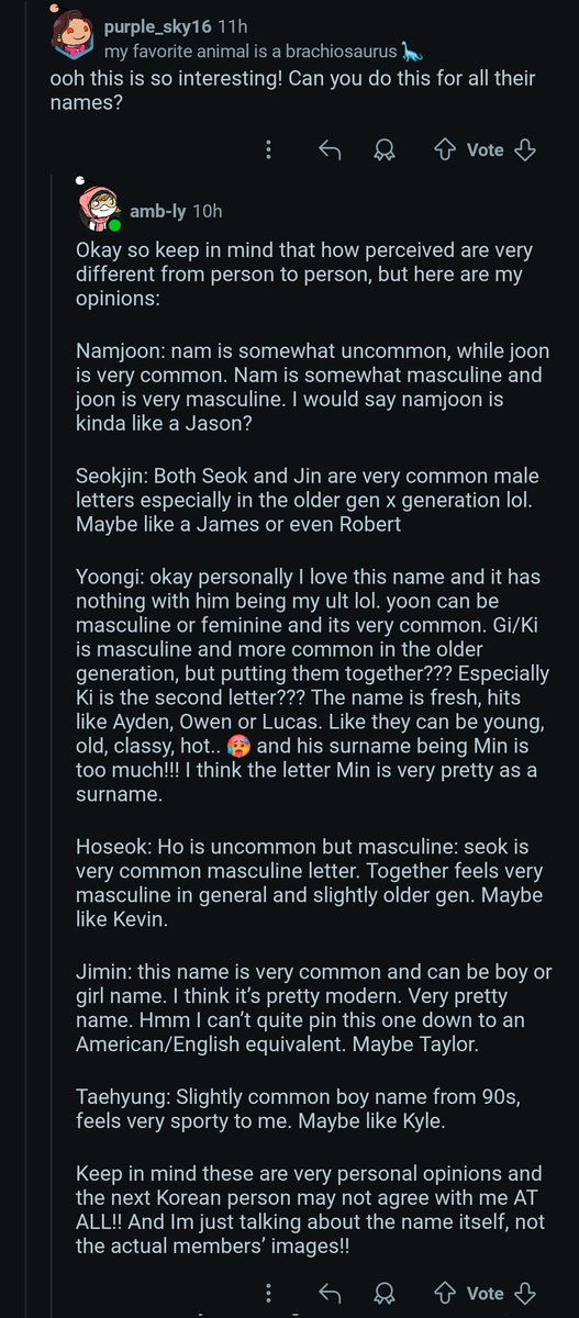I found this really interesting post on a bts subreddit where someone asked if Jungkook was a popular name in korea and someone really broke down the member's name in terms of popularity. It's so interesting to me.