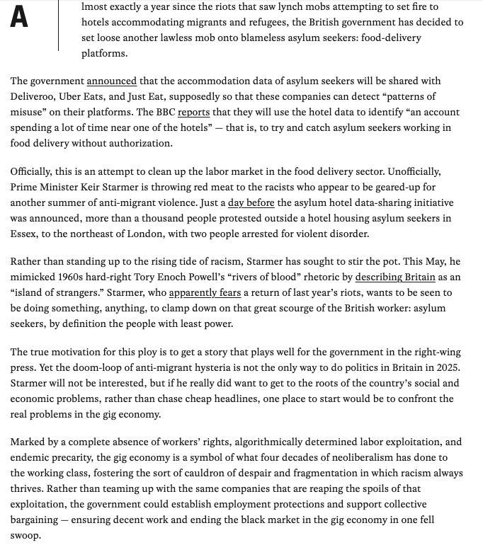 'Almost exactly a year since the riots that saw lynch mobs attempting to set fire to hotels accommodating migrants &amp; refugees, the UK govt has decided to set loose another lawless mob onto blameless asylum seekers: food-delivery platforms.'

My latest👇
x.com/jacobin/status…