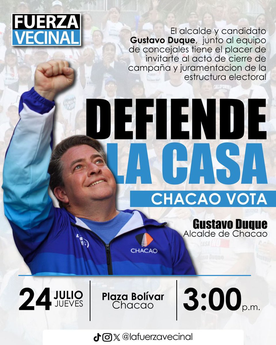Queridos vecinos, hoy jueves 24 de julio nos vemos en nuestra Plaza Bolívar de Chacao, a partir de las 3:00 pm. 

Será el gran cierre de nuestra campaña, un encuentro vibrante junto a los candidatos a concejales y toda la estructura electoral de Fuerza Vecinal. 

"La casa no se