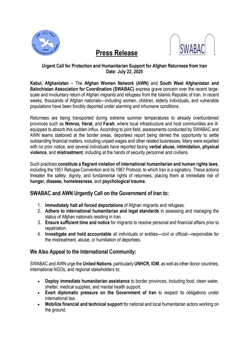 AWNKabul's tweet image. Urgent Call for Protection and Humanitarian Support for Afghan Returnees from Iran
Date: July 22, 2025