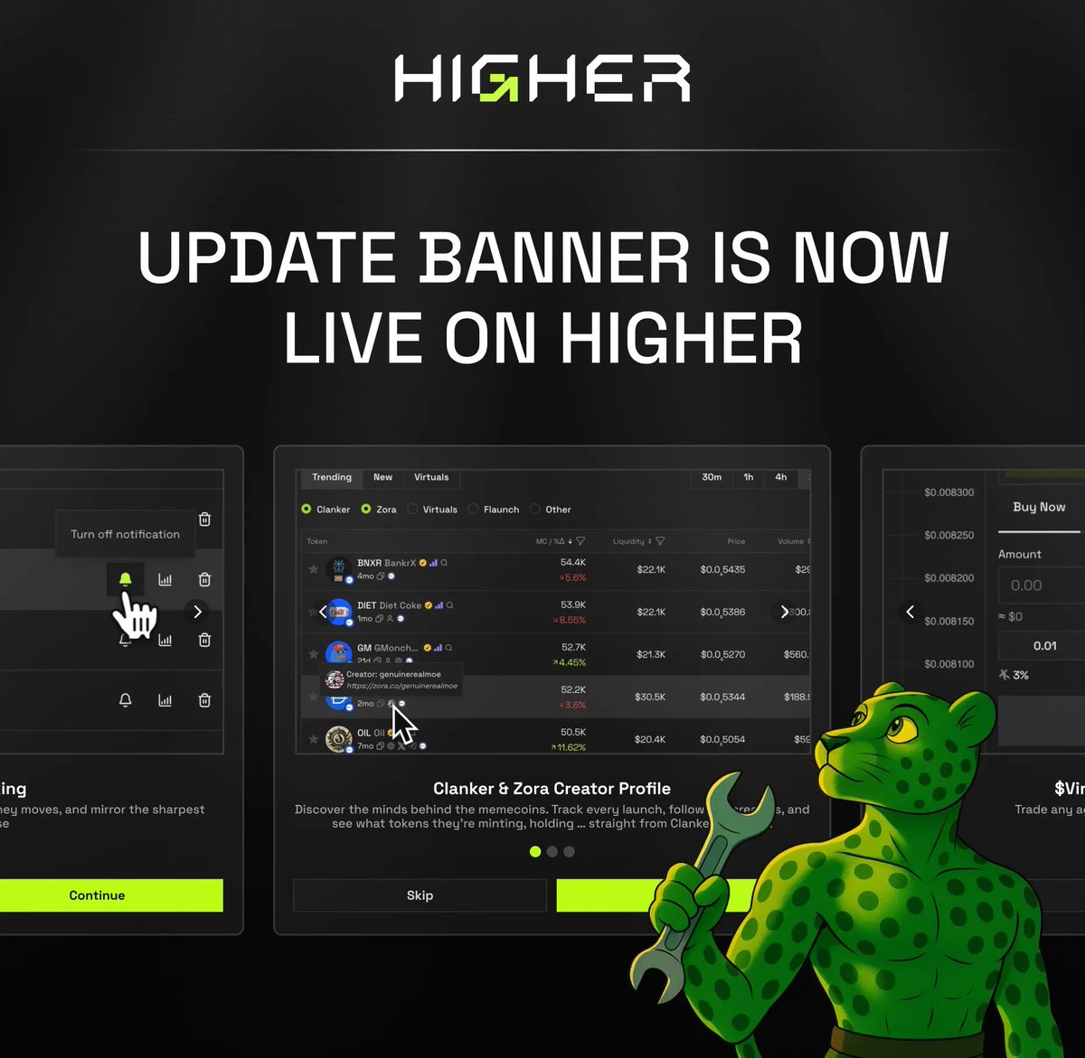 higher_bot's tweet image. Update Banner is now live on Higher⤴️
You’ll now see the latest features the moment you open the app.
- Never miss a new tool to find your alpha.
- Get the edge every time you use Higher.
Try it now: app.higher.bot/@start