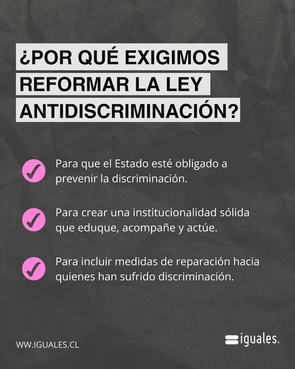 📌Hoy se cumplen 13 años desde la publicación de la Ley Antidiscriminación. Fue un avance importante, pero no obliga al Estado a prevenir ni garantiza reparación efectiva. 
🚨La reforma lleva 8 años estancada. 
✊ Necesitamos una ley que proteja, repare y prevenga de verdad.