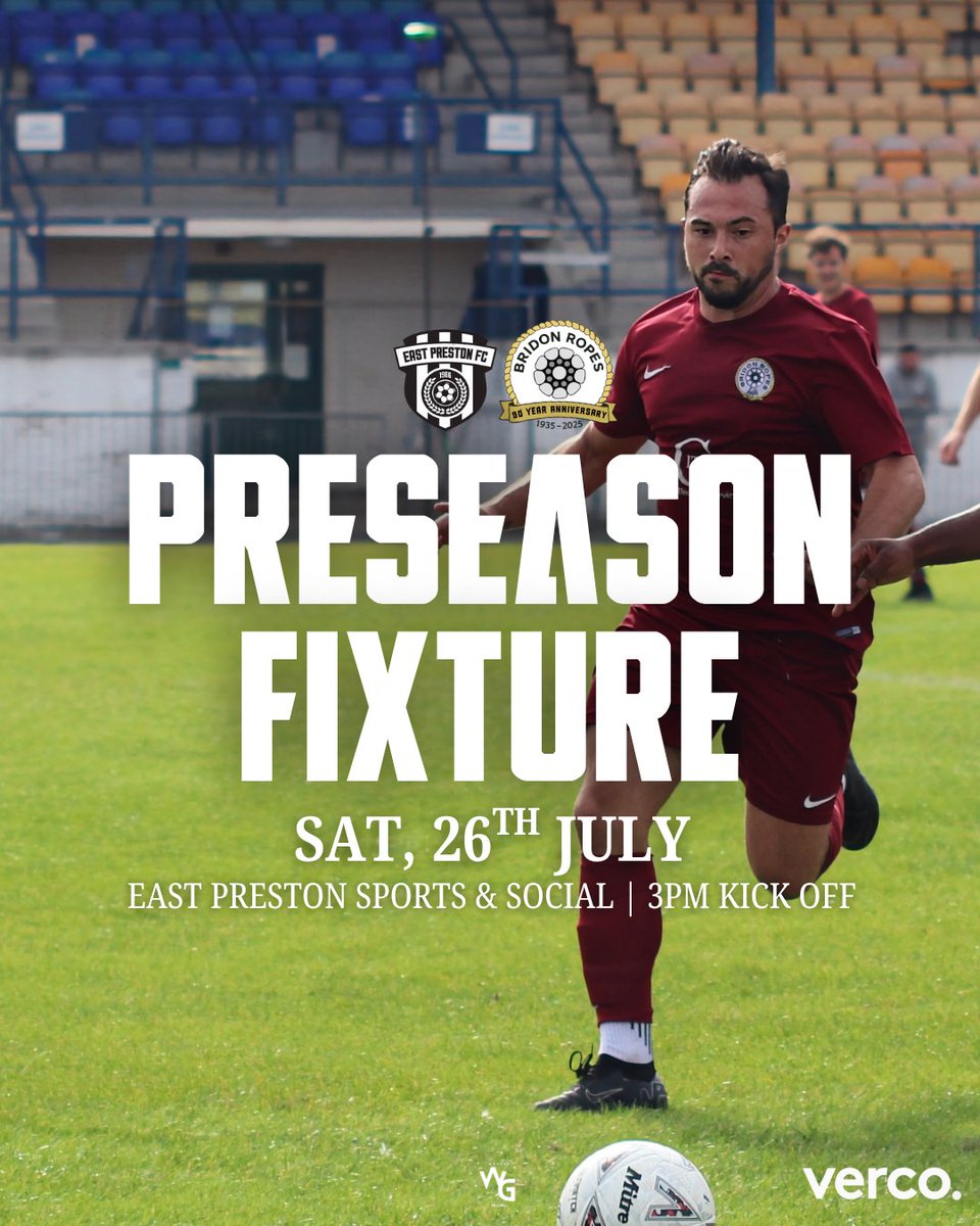 Bridon Ropes FC (@bridon1935) on Twitter photo THIS WEEKEND ⚽️
Final preseason clash this weekend against <a href="/EastPrestonFC/">East Preston FC</a> away at their home ground.
🏟️¦ East Preston Sports & Social
⏰¦ 3PM
Fancy a trip, come and support the boys!
#uptheropes THIS WEEKEND ⚽️
Final preseason clash this weekend against <a href="/EastPrestonFC/">East Preston FC</a> away at their home ground.
🏟️¦ East Preston Sports & Social
⏰¦ 3PM
Fancy a trip, come and support the boys!
#uptheropes