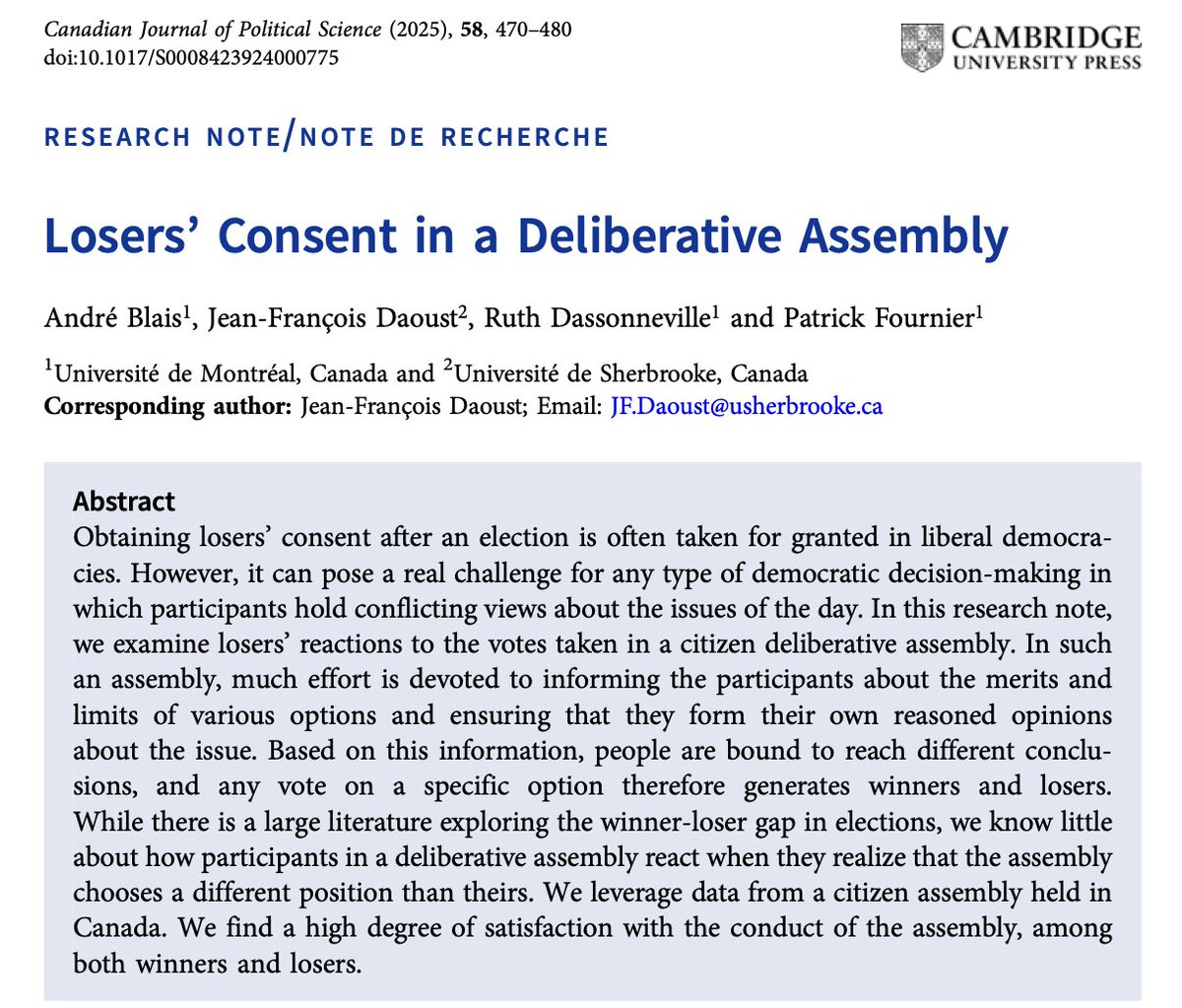 J.-F. Daoust (@jf_daoust) on Twitter photo From this new issue <a href="/CJPS_RCSP/">CJPS_RCSP</a>: "Losers’ Consent in a Deliberative Assembly"
We show that winners and losers do not differ in their levels of satisfaction in a deliberative setting
<a href="/ablais_/">André Blais</a> <a href="/cpsa_acsp/">🇨🇦 CPSA-ACSP 🇨🇦</a>
cambridge.org/core/journals/… From this new issue <a href="/CJPS_RCSP/">CJPS_RCSP</a>: "Losers’ Consent in a Deliberative Assembly"
We show that winners and losers do not differ in their levels of satisfaction in a deliberative setting
<a href="/ablais_/">André Blais</a> <a href="/cpsa_acsp/">🇨🇦 CPSA-ACSP 🇨🇦</a>
cambridge.org/core/journals/…