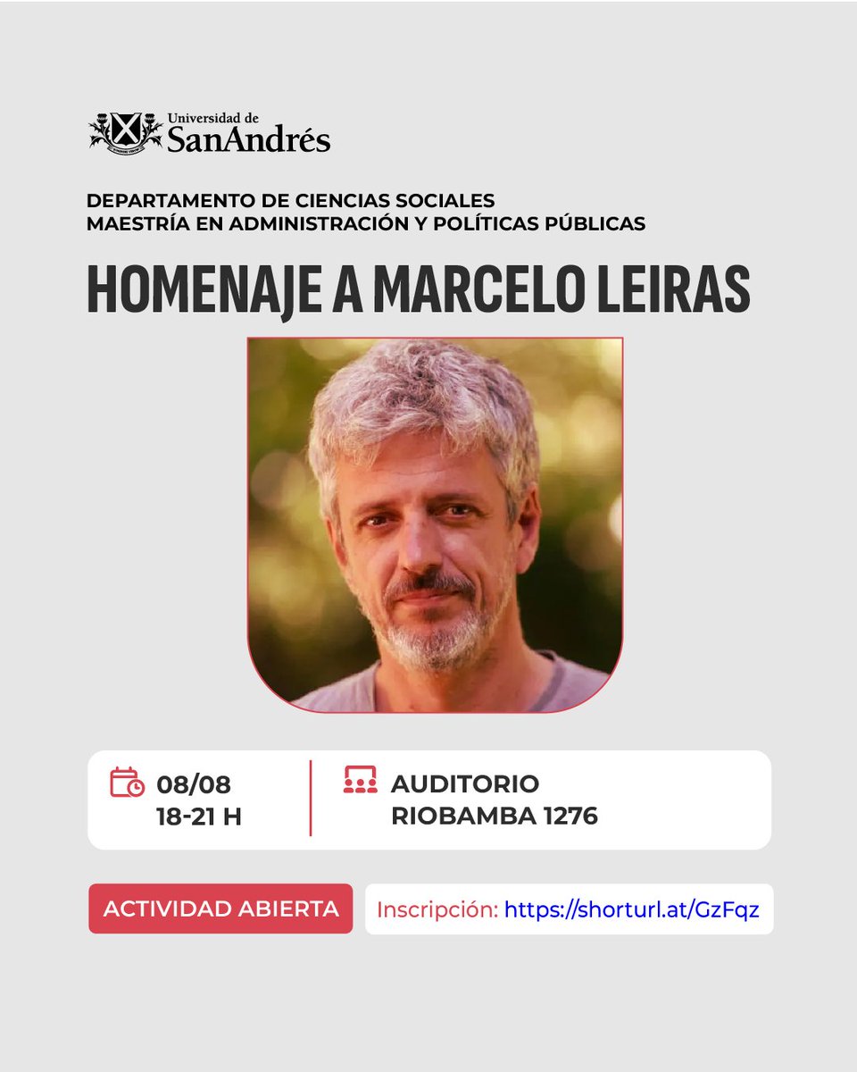 Política e Internacionales UdeSA (@cpgyrrii_udesa) on Twitter photo El Departamento de Ciencias Sociales y la <a href="/MappUdesa/">MAPP UdeSA</a>, invitan al homenaje al profesor Marcelo Leiras, para recordar juntos su huella en la academia y la vida pública.
📅 Viernes 8 de agosto, 18 h
📍 Auditorio, sede Riobamba, <a href="/UdeSA/">Universidad de San Andrés</a>
🔗 Inscripciones: shorturl.at/GzFqz El Departamento de Ciencias Sociales y la <a href="/MappUdesa/">MAPP UdeSA</a>, invitan al homenaje al profesor Marcelo Leiras, para recordar juntos su huella en la academia y la vida pública.
📅 Viernes 8 de agosto, 18 h
📍 Auditorio, sede Riobamba, <a href="/UdeSA/">Universidad de San Andrés</a>
🔗 Inscripciones: shorturl.at/GzFqz