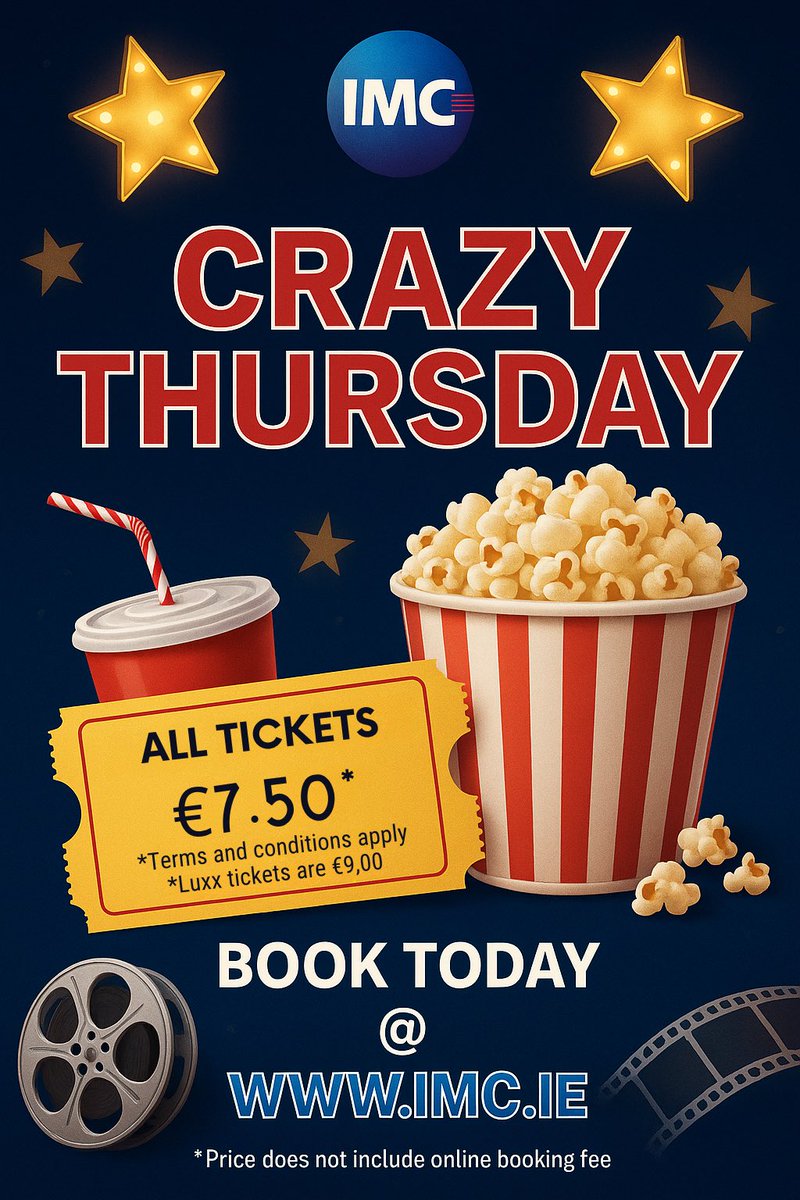 🎬🔥 Crazy Thursday is here! 🔥🎬

Enjoy any movie, any time this Thursday at IMC Cinemas for just €7.50! 🍿✨

Whether it's action, comedy, or the latest blockbuster, there's no better way to spend your Thursday than at the movies!

🎟️ Book your tickets now at