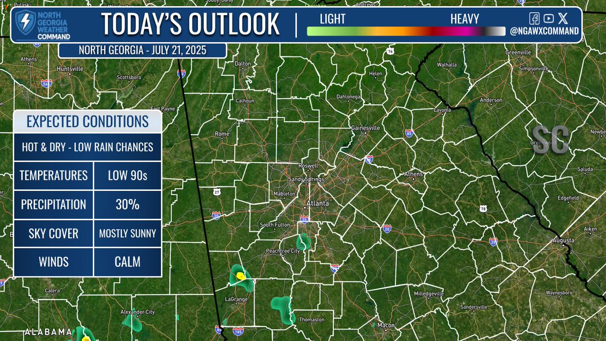 NGAWXCommand's tweet image. HOT & DRY:
Temps climb into the 90s today with lower rain chances. A stray shower is possible south of #ATL. Much of North #GA is now “abnormally dry” and drought may develop next week. Early signs point to upper 90s, possibly 100°+ with heat indices near 110° next week. #gawx