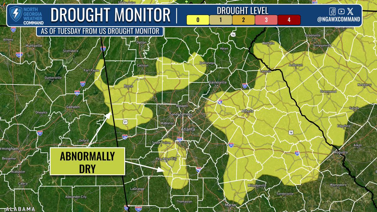 NGAWXCommand's tweet image. HOT & DRY:
Temps climb into the 90s today with lower rain chances. A stray shower is possible south of #ATL. Much of North #GA is now “abnormally dry” and drought may develop next week. Early signs point to upper 90s, possibly 100°+ with heat indices near 110° next week. #gawx