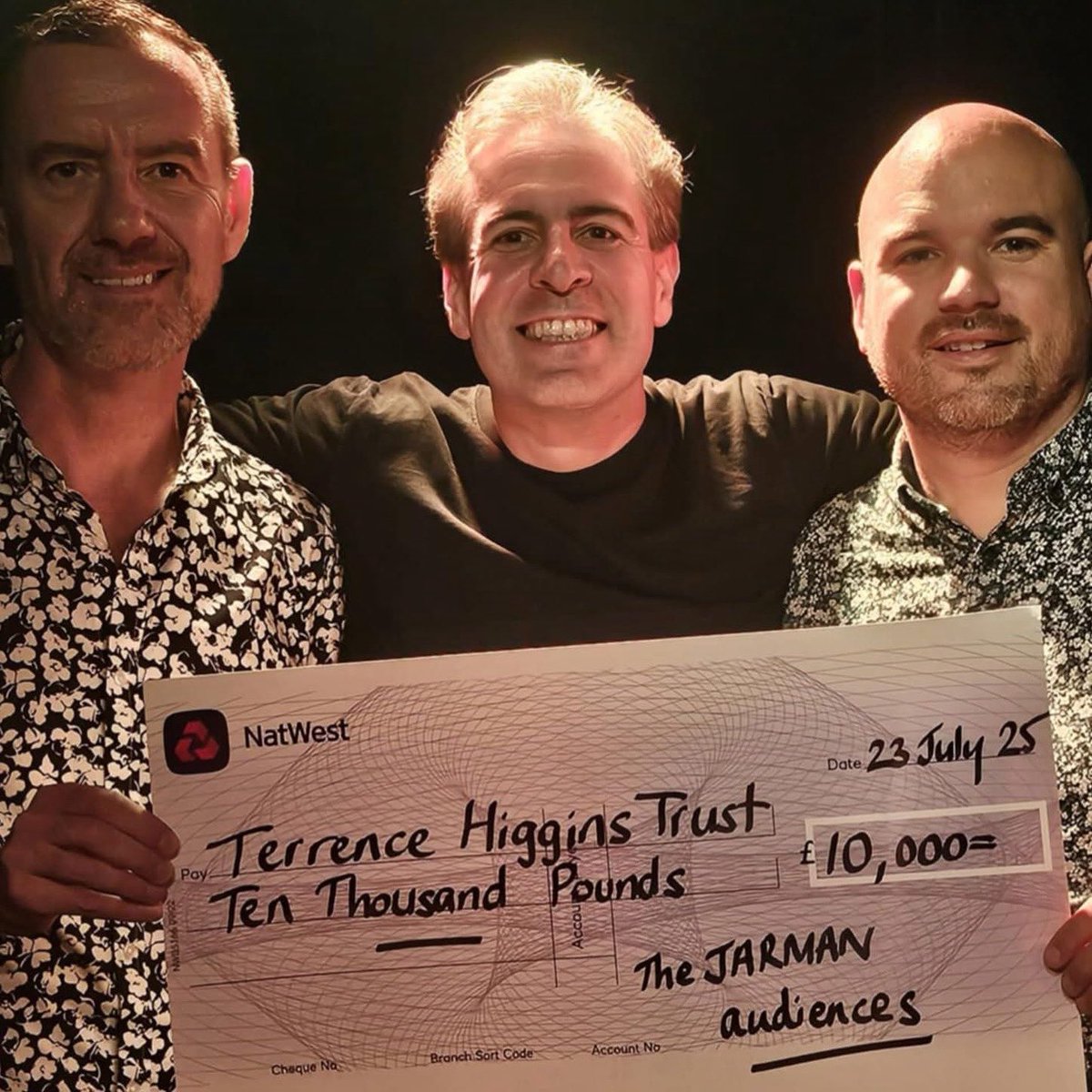 Last night was @markfarrellyuk's 100th performance of “Jarman”. Martin Harris and Richard Angell from the Terrence Higgins Trust presented this cheque to mark audience donations to the THT over the performances reaching £10,000.

 #london #theatre