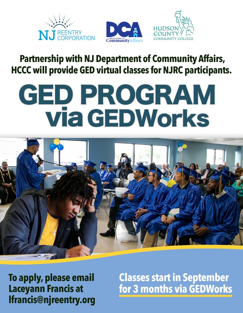 NJ_Reentry's tweet photo. #NJRC & @HudsonCCC renewed their partnership to provide #GEDs & #EducationalTraining for #NJRCParticipants. Persons are required to take pre-admission placement test for GED training. Interested persons, please contact LaceyAnn at lfrancis@njreentry.org.
#ReentryEducation https://t.co/pdnqETEL0J