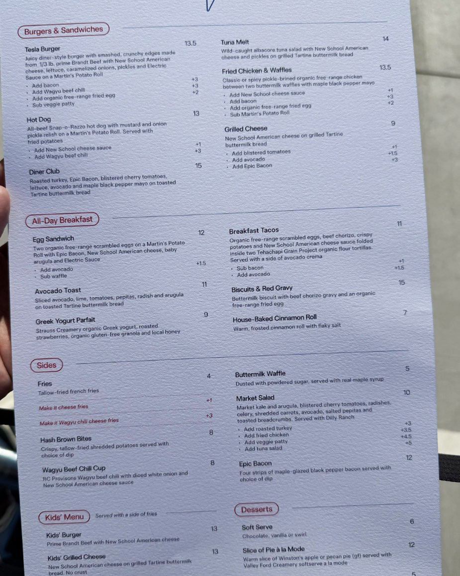 Just went to the new Tesla Diner on Santa Monica Blvd. in Hollywood. 
LOOOOONG LINE!
Do you like the menu?