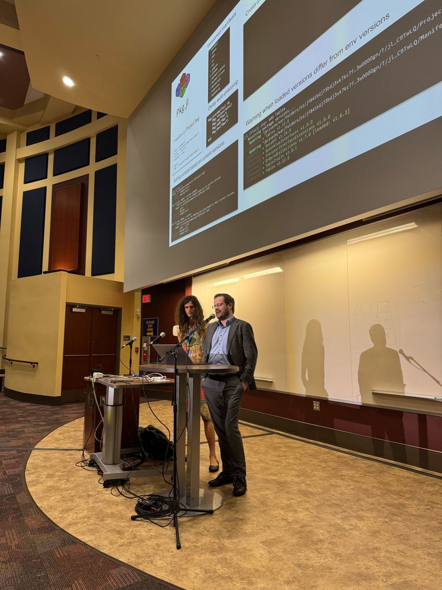 JuliaConOrg's tweet image. Keno Fischer and Lilith Hafner took the stage for the “State of Julia” talk — covering everything from standalone executables and threading stabilization to Pkg features, binding replacement, and RISC-V support.