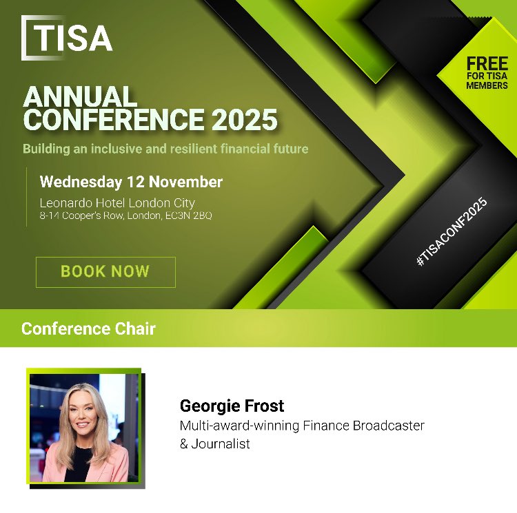 We’re thrilled to announce that Georgie Frost, multi-award-winning finance broadcaster and journalist, will chair this year’s Annual Conference, taking place on Wednesday 12th November in London.

Register now > tisa.uk.com/annual-confere…