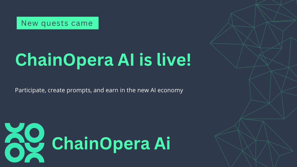 Marchi (@markullill) on Twitter photo π€ ChainOpera AI is live!
Participate, create prompts, and earn in the new AI economy
ChainOpera announces the launch of <a href="/ChainOpera_AI/">ChainOpera AI</a> , a platform that connects Web3 data and artificial intelligence.
This is a step towards a new agent economy, where AI agents will perform π€ ChainOpera AI is live!
Participate, create prompts, and earn in the new AI economy
ChainOpera announces the launch of <a href="/ChainOpera_AI/">ChainOpera AI</a> , a platform that connects Web3 data and artificial intelligence.
This is a step towards a new agent economy, where AI agents will perform