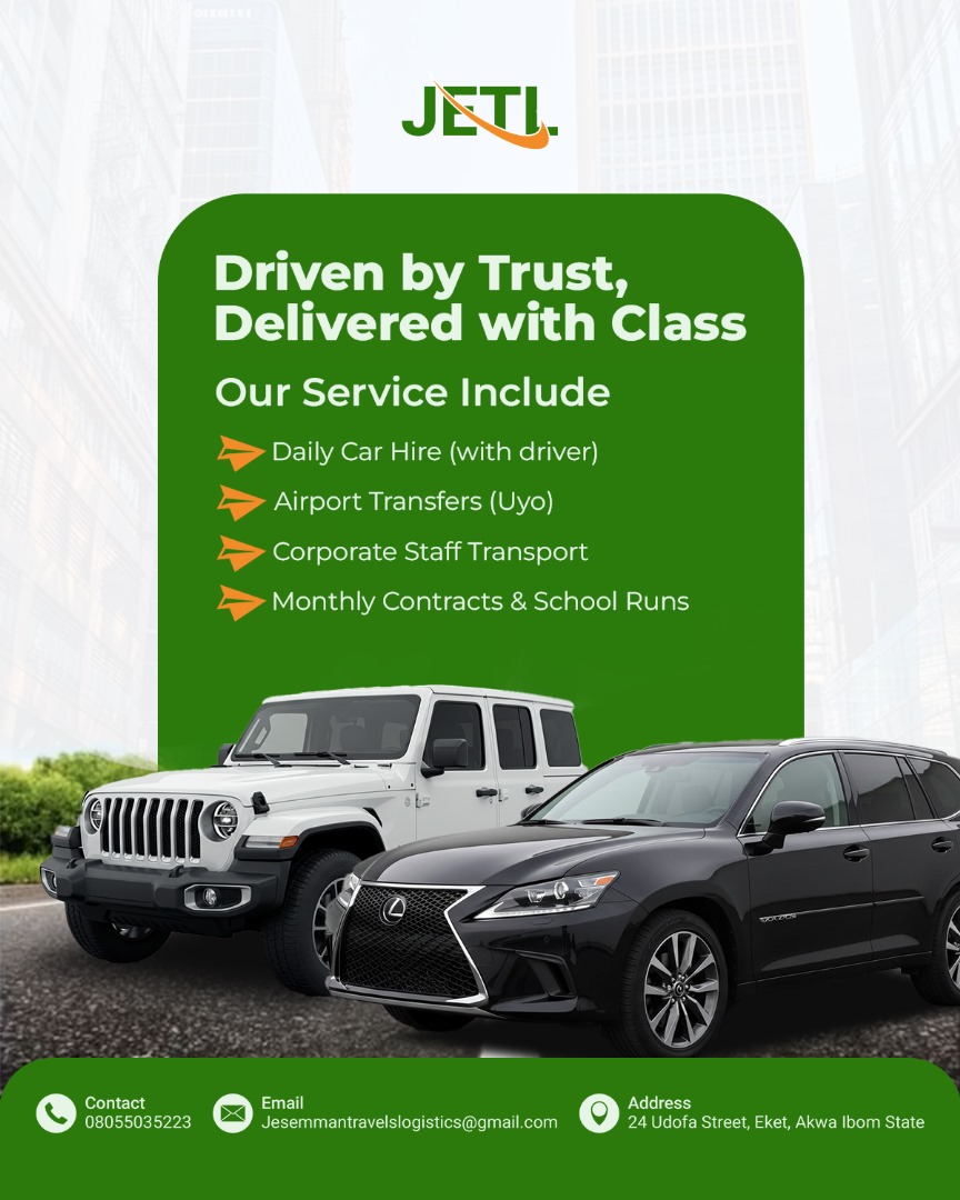 Jeemie_web's tweet image. 🚗✨ Need reliable transport in Akwa Ibom?

At JES-EMMAN TRAVELS &amp;amp; LOGISTICS, we deliver with class &amp;amp; integrity.

✅ Daily Car Hire (w/ driver)
✅ Airport Transfers (Uyo)
✅ Corporate Staff Transport
✅ School Runs &amp;amp; Monthly Contracts

📩 jesemanntravelslogistics@gmail.com…