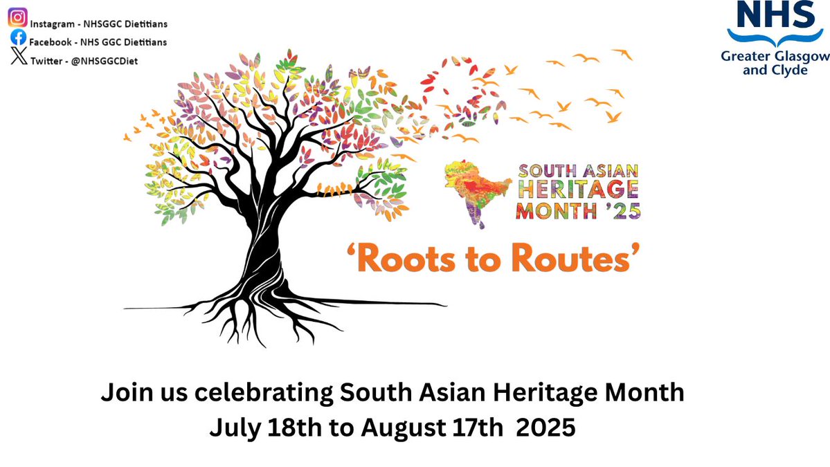 NHSGGCDiet's tweet image. 🌟 Join us in celebrating South Asian Heritage Month from 18 July to 17 August 2025! 🌿
Let’s honour the journeys, cultures, and contributions that shape our communities.
#RootsToRoutes #SAHM2025 #NHSGGCDietitians
@BDA_Dietitians @NHSGGC @DiverseNutr @BDAWOSBranch