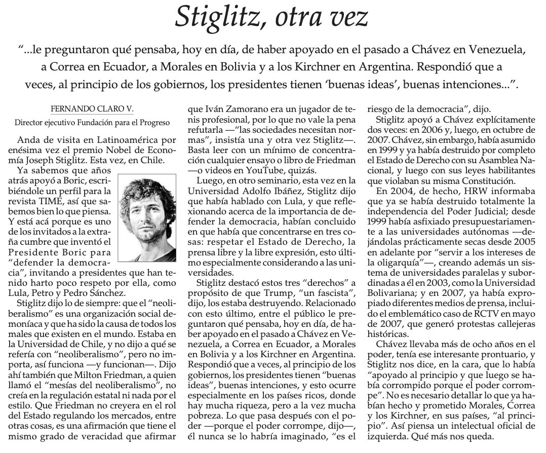 [OPINIÓN] 📰 Lee la columna «Stiglitz, otra vez», por Fernando Claro <a href="/tucukere/">Fernando Claro</a>, director ejecutivo FPP, publicada en El Mercurio <a href="/elmercurioec/">Diario El Mercurio</a> 
 
Disponible en  👉fppchile.org/stiglitz-otra-…