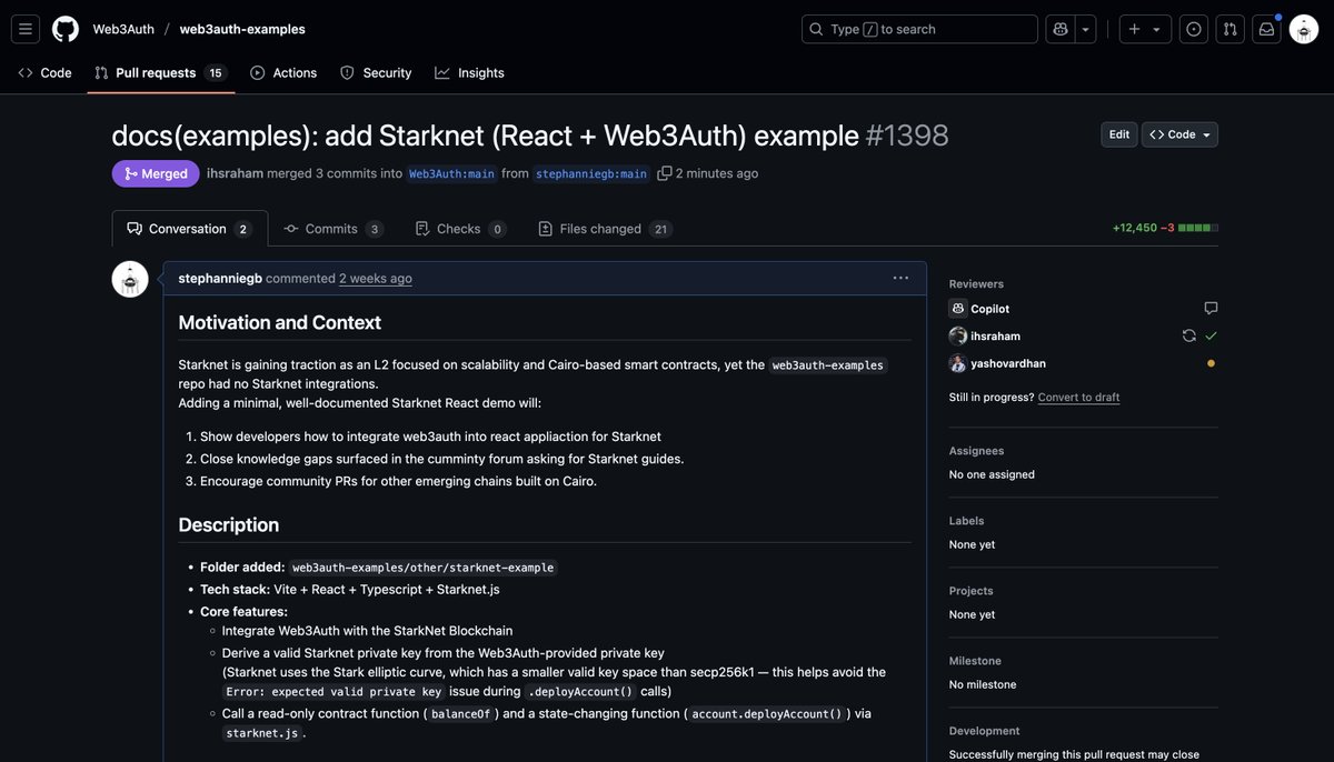 Stephanniegb's tweet image. If you're exploring embedded wallets on Starknet, @Web3Auth is a great option.
I recently integrated it and noticed there wasn’t a Starknet example, so I created one and opened a PR!
It just got it merged 🥳
Feel free to reference it 💜
github.com/Web3Auth/web3a…