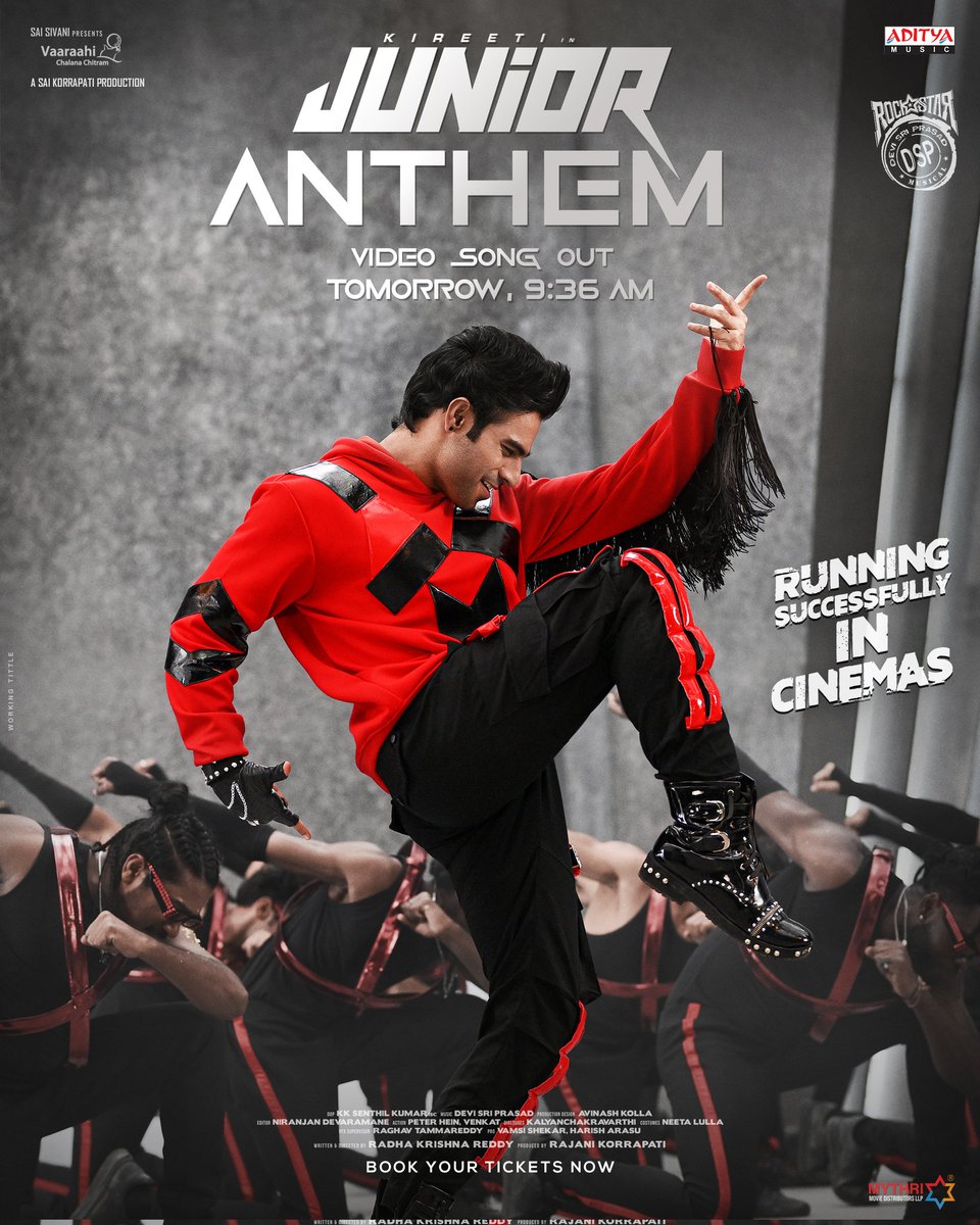 MythriRelease's tweet image. NO FEAR FOR JUNIOR💥💥
#JuniorAnthem is releasing tomorrow at 9:36 AM❤🔥⏳
#Junior, RUNNING SUCCESSFULLY in theatres ✨
Book your tickets now!
🔗linktr.ee/JuniorTickets
A Rockstar @ThisIsDSP Musical 🎸
@geneliad @KireetiOfficial @sreeleela14 @DOPSenthilKumar @rk91_reddy…