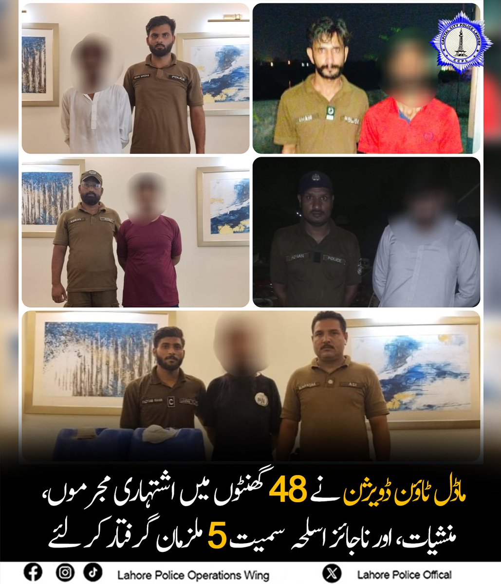Lahorepoliceops's tweet photo. ماڈل ٹاؤن ڈویژن پولیس کی کارروائیاں: 48 گھنٹوں میں 5 ملزمان گرفتار
گلبرگ پولیس نے سنیپ چیکنگ اور خفیہ اطلاع پر 3 منشیات فروش اور 2 اشتہاری گرفتار کیے۔
منشیات فروشوں سے 1.4 کلو چرس، 80 لیٹر دیسی شراب اور 60 گرام افیون برآمد۔
#LahorePolice #CrimeControl #DrugBust #ModelTownPolice https://t.co/7mnnEknwQu