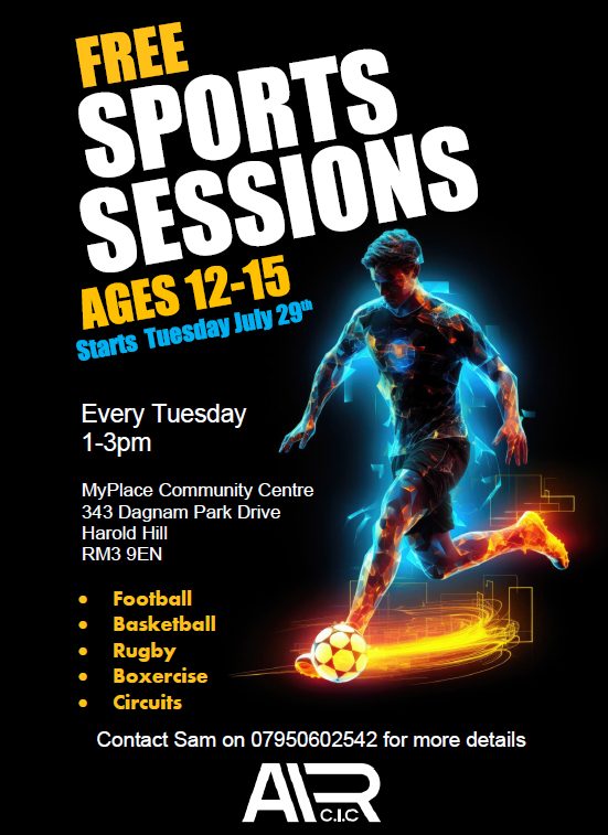 MPSHavering's tweet image. FREE SPORTS SESSIONS!!
This summer, Air Network will deliver twice-weekly sessions over a 10-week period, offering structured sports and wellbeing-based engagement for young people aged between 12-18 in Havering.
Sessions run every Monday and Thursday from 2pm to 4:30 pm.