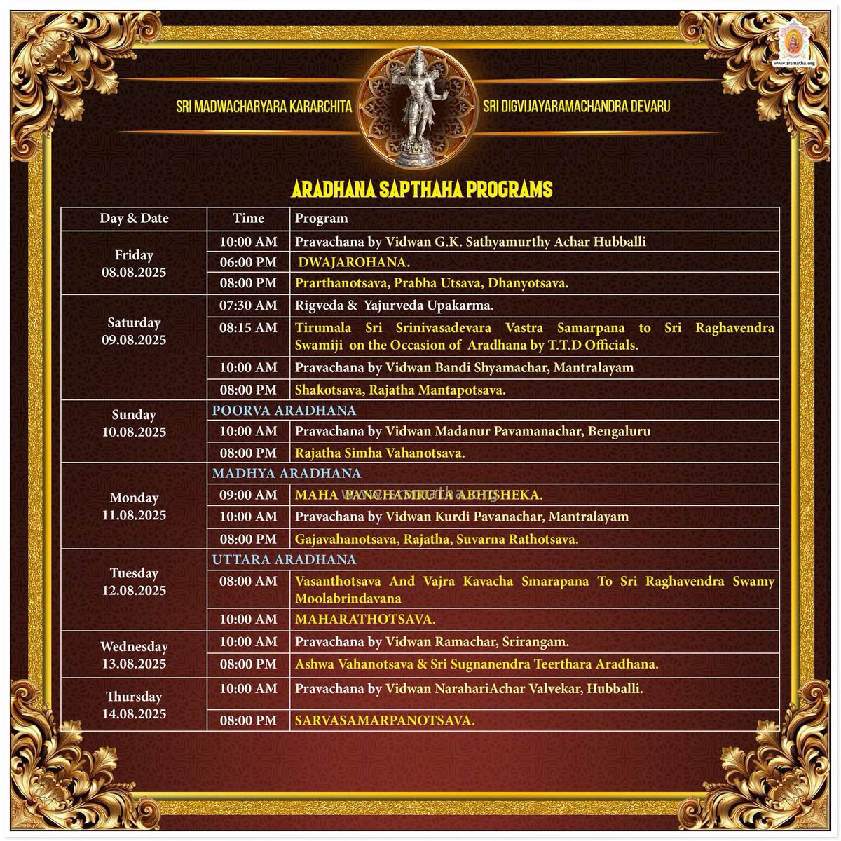 Inviting To All For “Sri Guru Raghavendra Swamy’s 354th Aaradhana Mohothsava” On 8th August to 14th August!!🙏
