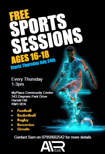 MPSHavering's tweet image. FREE SPORTS SESSIONS!!
This summer, Air Network will deliver twice-weekly sessions over a 10-week period, offering structured sports and wellbeing-based engagement for young people aged between 12-18 in Havering.
Sessions run every Monday and Thursday from 2pm to 4:30 pm.
