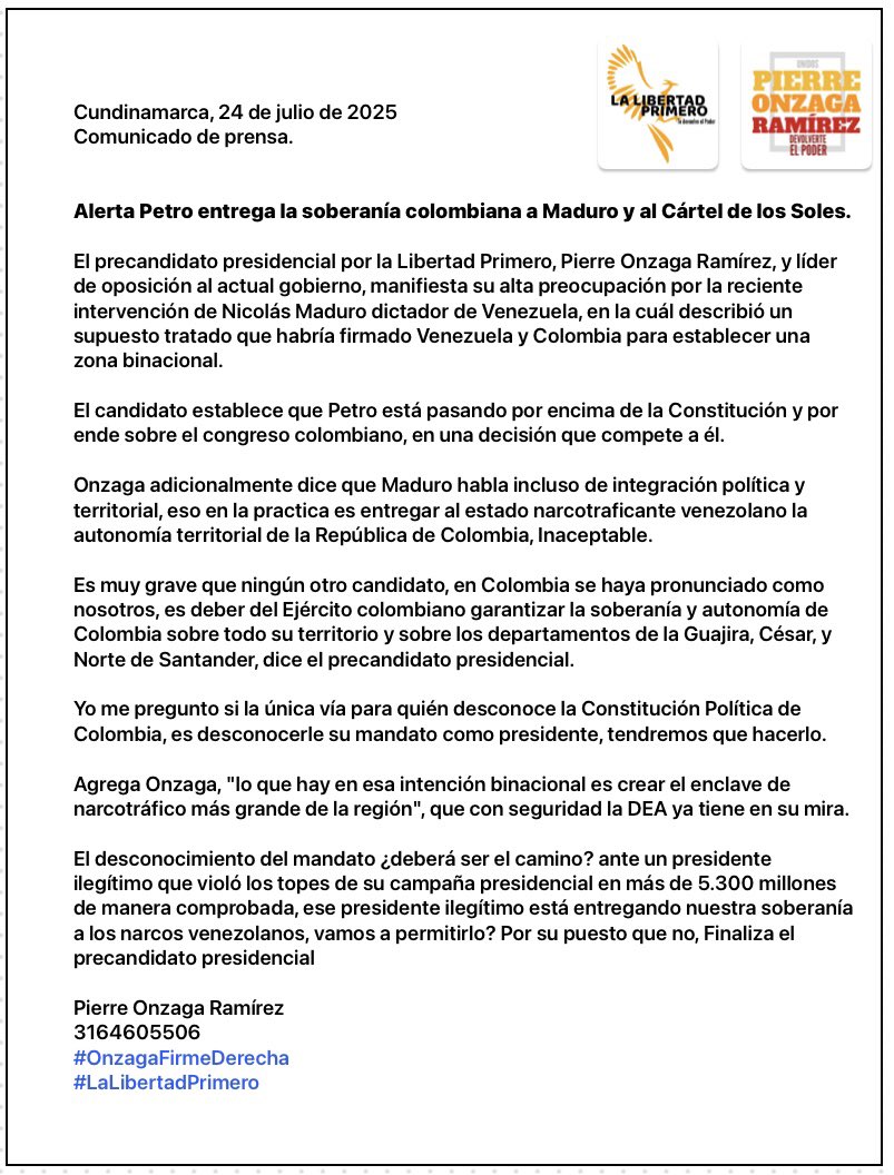 Comunicado de Prensa.

🚨Alerta Petro entrega la soberanía colombiana a Maduro y al cartel de los soles.