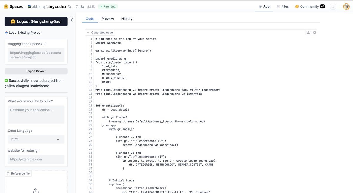 GaoHongcheng's tweet image. Excellent work, Anycoder—a free, open-source vibe-coding app created by @_akhaliq.