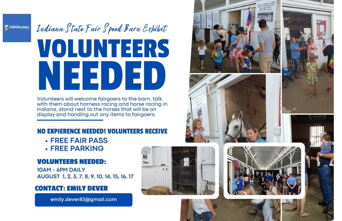 📢  We can use a few extra helpers on: August 1, 7, 8, 14, from 10am - 6pm. All Volunteers will receive Free ticket to the Fair &amp; parking pass. No horse experience needed!

For those interested in assisting, contact Emily Dever at the ISA by email at emily.dever83@gmail.com.