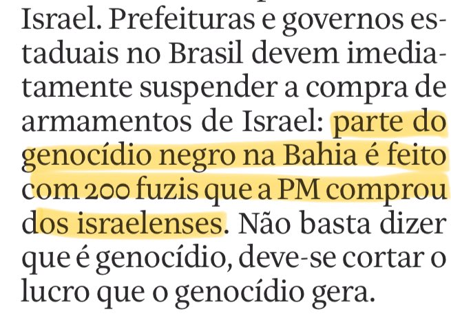 Se o “genocídio negro” na Bahia fosse feito com fuzis, sei lá, russos o colunista estaria satisfeito? E se fossem “made in Brazil”, dando emprego a locais?