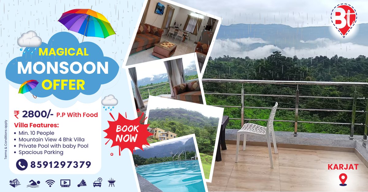breakationtrips's tweet image. Indulge in a Luxe Monsoon Escape 🌧️✨

Private 4BHK Villa in Karjat
🍽️ All Meals | 🏞️ Mountain Views | 🏊‍♀️ Private Pool

Just ₹2800/person (Min. 10 pax)

📞 8591297379 – Book Your Premium Stay Now

#LuxuryStay #KarjatVilla #MonsoonRetreat #WeekendGetaway #RainySeason #PoolVilla