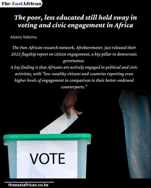 The_EastAfrican's tweet image. Atieno Ndomo: The poor, less educated still hold sway in voting and civic engagement in Africa
zurl.co/0zUIO