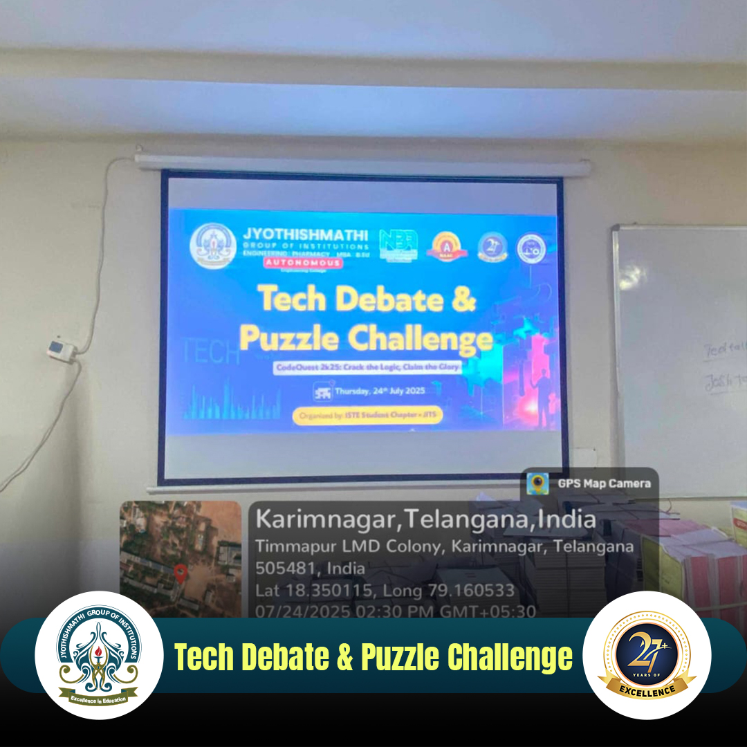 jyothish_mathi's tweet image. The #𝐉𝐈𝐓𝐒_𝐈𝐒𝐓𝐄 𝐒𝐭𝐮𝐝𝐞𝐧𝐭 𝐂𝐡𝐚𝐩𝐭𝐞𝐫 successfully organized an exciting and intellectually stimulating event titled “𝐓𝐞𝐜𝐡 𝐃𝐞𝐛𝐚𝐭𝐞 &amp;amp; 𝐏𝐮𝐳𝐳𝐥𝐞 𝐂𝐡𝐚𝐥𝐥𝐞𝐧𝐠𝐞&quot; on 𝟐𝟒𝐭𝐡 𝐉𝐮𝐥𝐲 𝟐𝟎𝟐𝟓 𝐚𝐭 𝐉𝐈𝐓𝐒(𝐀𝐮𝐭𝐨𝐧𝐨𝐦𝐨𝐮𝐬), Karimnagar.
#CodeQuest