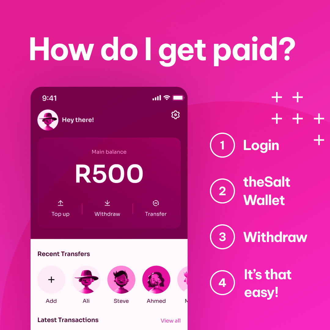 You’ve completed a task, gotten paid and now you’re looking to withdraw your money from your Wallet. 💸

You can withdraw the money into your bank account in units of R100. 

Still unsure? Check out our FAQ's!