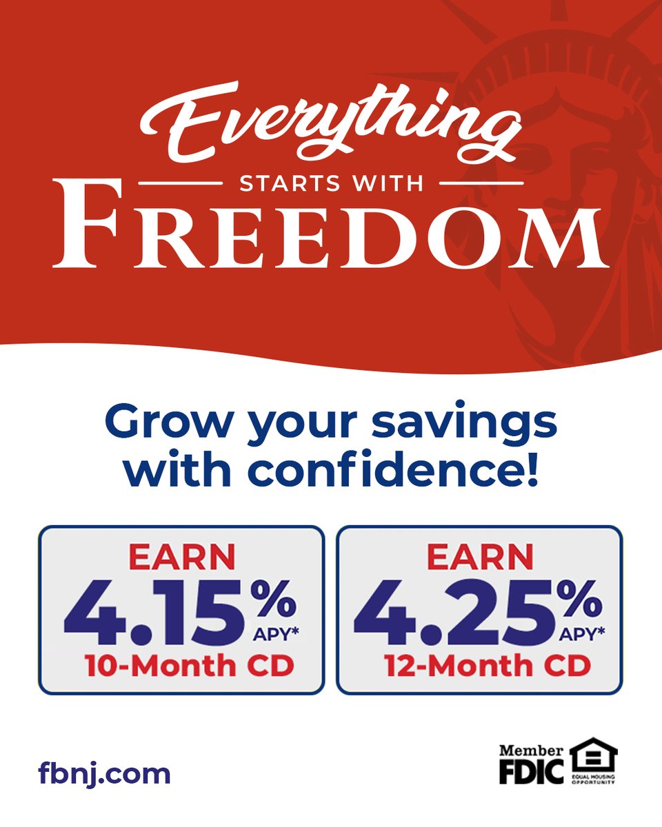 FreedomBankNJ's tweet image. Now’s the time to grow your savings with confidence.

📈 4.15% APY – 10-Month CD*
📈 4.25% APY – 12-Month CD*

Visit your local branch or learn more at fbnj.com

Member FDIC | Terms and conditions apply.
#CDRates #FreedomBankNJ #ForwardwithFreedom