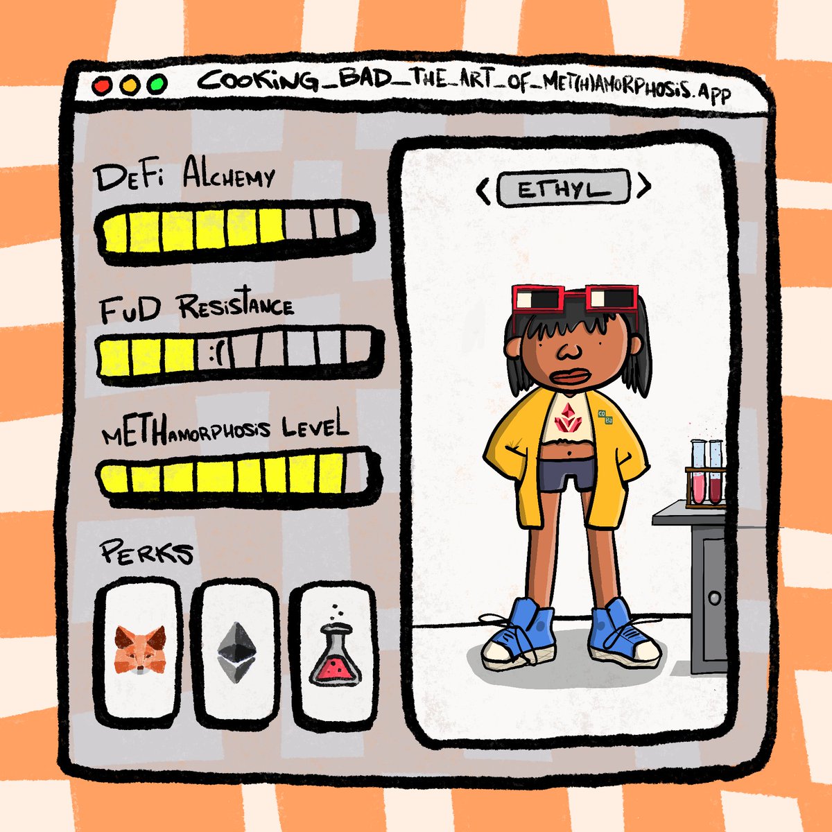 qabqabqab's tweet photo. My entry to 'Cooking Bad: The Art of Met(h)amorphosis' round organized by @mETHProtocol on @nounsdao.gg
"Ethyl: Cooking the Chain"
Role: Liquidity Alchemist
Faction: Nouns DAO Underground Labs
#cookingbad โโจ-โจ https://t.co/3tcSPKdulH