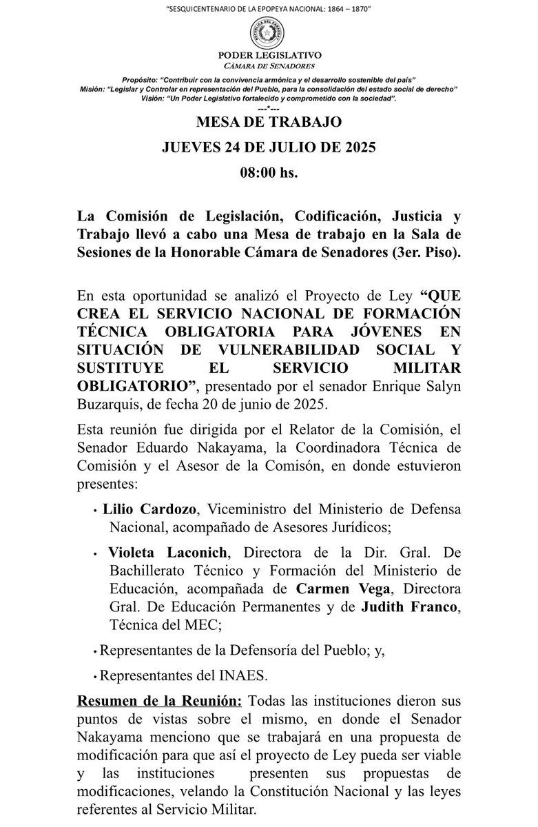 📌Mesa de Trabajo 
Se ha realizado una mesa de trabajo el día de la fecha una mesa sobre el Proyecto de Ley: “QUE CREA EL SERVICIO NACIONAL DE FORMACIÓN TÉCNICA OBLIGATORIA PARA JÓVENES EN SITUACIÓN DE VULNERABILIDAD SOCIAL Y SUSTITUYE EL SERVICIO MILITAR OBLIGATORIO”