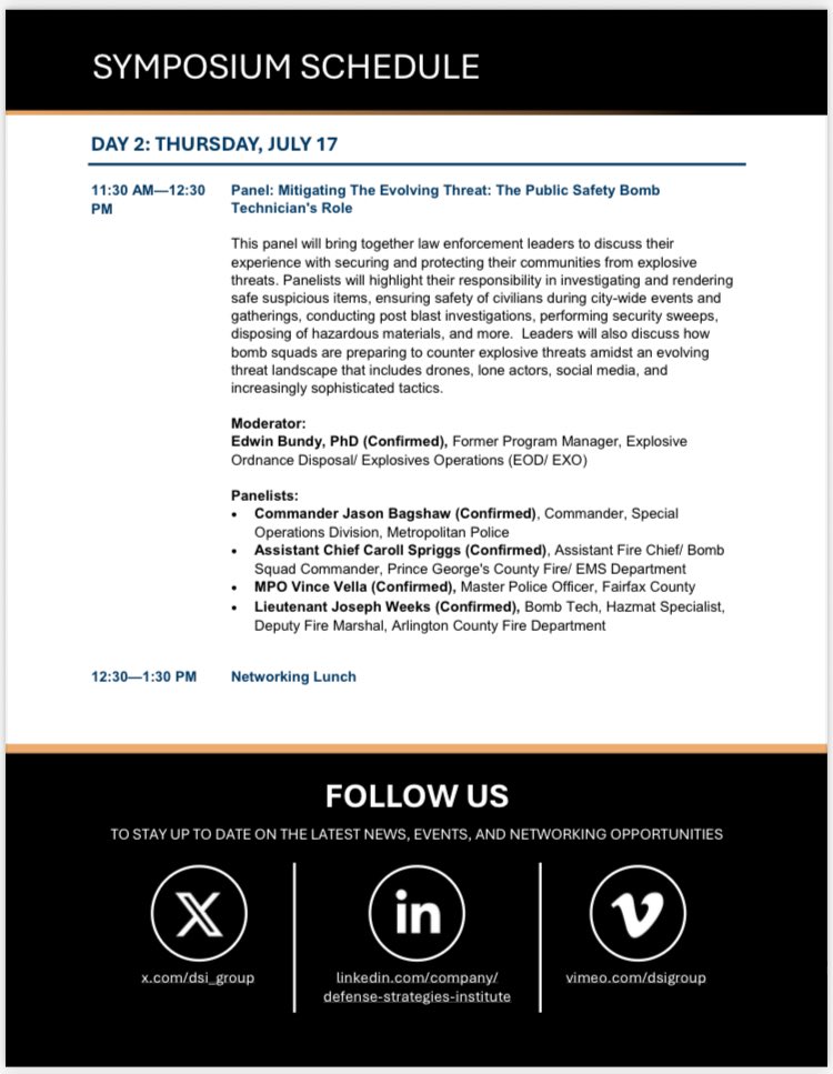 ArlingtonVaFD's tweet image. Lt Weeks participated in a panel of law enforcement leaders, where they shared strategies for protecting communities from explosive threats. The discussion addressed how agencies are adapting to emerging challenges such as drone technology, lone actors, & evolving threat tactics.