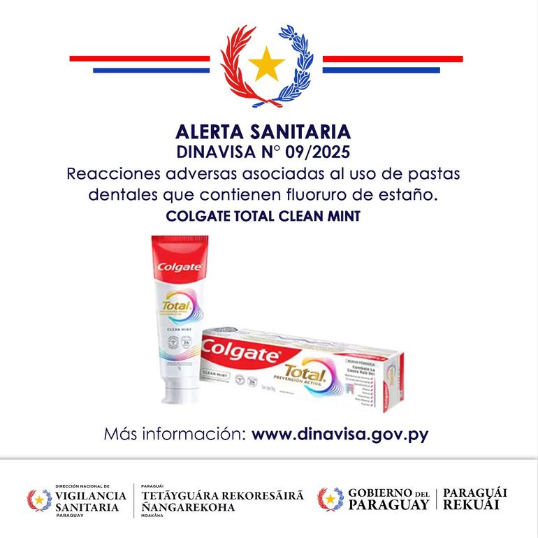 ▶️PARAGUAY SUSPENDE USO DE PASTA DENTAL | ⚠️

💥Dinavisa ha suspendido temporalmente el uso y la venta de la pasta dental Colgate Total Clean Mint en Paraguay.

👉🏻La medida se debe a reacciones adversas asociadas a su componente, el fluoruro de estaño, que ya causó problemas